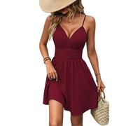 LIAMERHE Vestido Verano Mujer Corto Elegante Sexy con Escote en V y Tirantes Ajustables Mini Vestido de Fiesta Playa Casual Corte Evase Ligero y Fresco para Vacaciones y Diario Burdeos XL