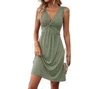 LIAMERHE Vestido Verano Mujer Sin Mangas Cuello en V Elegante Vestido Casual Corto Cintura Alta Línea A Minivestido para Playa Fiesta y Diario Moda Mujer Verde M