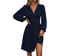 LIAMERHE Vestido Vestido Manga Larga Mujer Casual Vestidos Largos Cuello en V Elegante Vestido de Manga Farol Vestido línea A Otoño Invierno Marino L