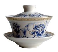Liang baobao Juego de té tradicional Gaiwan con tapa y platillo, taza de té de cerámica hecha a mano, tazas de té de porcelana (200 ml, peonía de seda azul)