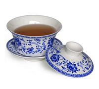Liang baobao Juego de té tradicional Gaiwan con tapa y platillo, taza de té Gongfu de porcelana, diseño de loto azul, 200 ml