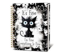 LIANGW Cuaderno divertido con diseño de gato, con texto en inglés "It's Fine I'm Fine Everything is Fine", cuaderno en espiral de gato negro, regalos de gato negro, cuaderno en espiral con rayas