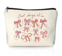 LIANGW God Says I Am - Bolsa de maquillaje cristiana con lazo rosa, bolsas de cosméticos preparadas para mujeres, regalos cristianos inspiradores para mujeres, bolsa de maquillaje estética femenina