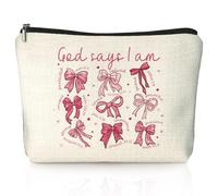 LIANGW God Says I Am Pink - Bolsa de maquillaje cristiana Coquette Pink Bow Preppy para mujeres, regalos cristianos inspiradores para mujeres, bolsa de maquillaje estética preparada con cremallera