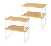 LIANTRAL Juego de 4 Estantes para Especias, Organizador de Mostrador Expandible, Estante de armarios Apilable, Estante de Almacenamiento de Cocina, Metal y Madera de Ingeniería, Natural/Blanco