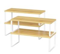 LIANTRAL Organizador Armario Cocina, Especias Estante, Estante apilable y Extensible, Metal y Madera,Juego de 4, Estante de Almacenamiento para Ahorrar Espacio en la Cocina y el baño,Natural y Blanco
