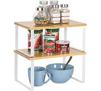 LIANTRAL Organizador armario cocina, Especias estante, estante apilable y extensible, Metal y madera,juego de 2, Estante de almacenamiento para ahorrar espacio en la cocina y el baño,natural y blanco