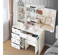 LIANWANG Tocador con Hollywood LED y Espejo, Mesa de Maquillaje con 5 Cajones Grandes y 1 Taburete, 3 Temperaturas de Color y Brillo Ajustable, Blanco, 131x80x36 cm