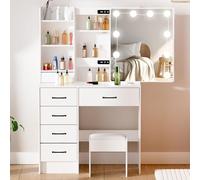 LIANWANG Tocador con Luz LED de Brillo Ajustable, Mesa de Maquillaje con Espejo e 6 Cajones, Tocador de Maquillaje con 1 Taburete para Tu Hija, Moderno, Blanco, 131x36x80cm