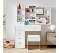 LIANWANG Tocador de Maquillaje con Luces LED Regulables y 3 Temperaturas De Color, Mesa de Maquillaje con Espejo, Mesa de Tocador con 6 Cajones, 1 Taburete, 131x80x36 cm