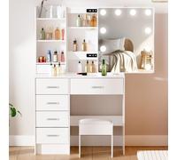 LIANWANG Tocador de Maquillaje, Mesa de Maquillaje con Iluminación LED, 3 Temperaturas de Color y Brillo Ajustable, Tocador con Espejo y 1 Taburete, 6 Cajones, Blanco, 131x36x80 cm