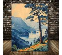 lianyibo 1 pezzo di stampa su tela con paesaggio, paesaggio naturale pacifico, con alberi, montagne e lago, per soggiorno, ufficio, cornice 60x90 cm