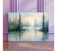 lianyibo 1 pezzo moderno acquerello paesaggio tela arte murale per soggiorno ufficio, nebbiosa foresta lago scena natura stampa decorazione 60x80cm cornice