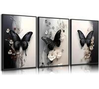lianyibo 3Pcs Butterfly Canvas Wall Art Black and White Flowers Picture Living Room Decor Minimalist Botanical Prints Artwork(70x90x3/Frameless)