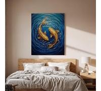 lianyibo Cuadro de pared con diseño de pez koi dorado, póster de pez koi Yin Yang estilo japonés, decoración de sala de estar con arte acuático zen (50x75cm/marco interior)