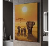 lianyibo Cuadro decorativo de pared con la familia de elefantes, pintura de la sabana africana al atardecer, para una decoración rústica, moderna y cálida de estilo safari (50x75cm/marco interior).