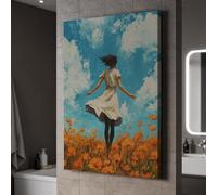 lianyibo Cuadro decorativo de pared Niña en un campo de flores silvestres, póster Día ventoso y caprichoso con cielo azul y amapolas para la sala de estar (50x75cm/marco interior).