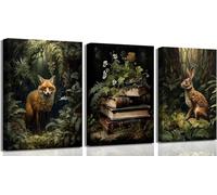 lianyibo Dark Forest Animal Canvas Wall Art Vintage Fox Rabbit Books Gothic Botanical Flower Poster Print Artwork Home Decor(80x120x3/Frameless)