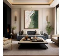 lianyibo Dipinto su tela Green Ocean, tono neutro, arte delle onde, Wabi-Sabi testurizzato, decorazione da parete per soggiorno, cornice 50x75 cm