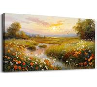 lianyibo Gran paisaje de flores, pintura de acuarela, lienzo, arte de pared, paisaje de amanecer, imagen de pared, obra de arte, decoración de sala de estar (50 x 100 cm/marco interior)