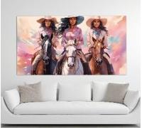 lianyibo Impresión en lienzo de mujeres latinoamericanas a caballo en estilo de pintura al óleo vintage, arte mural del lejano oeste, decoración de pared latina (65 x 130 cm/marco interior)