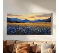 lianyibo Impresión impresionista en lienzo de un campo de acianos con hora dorada | Arte mural trascendental para sala de estar (90 x 180 cm/sin marco)