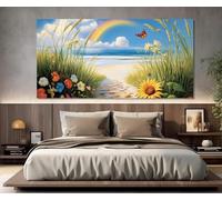 lianyibo Lienzo con un camino de guijarros hacia el mar entre la hierba alta y las flores, arte de pared de verano, póster de arcoíris en la playa, decoración del hogar (50 x 100 cm/marco interior)