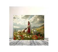 lianyibo Lienzo decorativo para pared de Jesús el Buen Pastor, con un cordero divino y un rebaño en una pradera vibrante, decoración religiosa cristiana para el hogar (30 x 40 cm/marco interior)