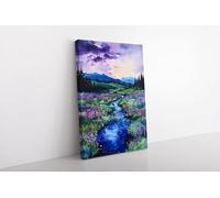 lianyibo Pintura en lienzo con un arroyo en un valle montañoso y flores moradas | Arte de pared con paisaje floral, botánico y natural (70 x 110 cm/Sin marco)