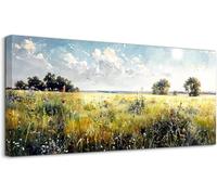 lianyibo Spring Canvas Wall Art, Nature Landscape Rustic Home Decor Large Artwork, Green Grassland Wildflower Art Prints(55x110/Inner frame)