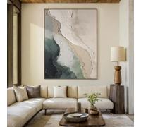 lianyibo Trama astratta verde, arte murale con oceano grigio, dipinto su tela con spiaggia beige, grande quadro da parete wabi-sabi per soggiorno, struttura 50x75cm