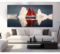 lianyibo Velero con velas rojas frente a un iceberg, arte mural, pintura de velero, lienzo náutico abstracto, decoración del hogar (90 x 180 cm/marco interior)