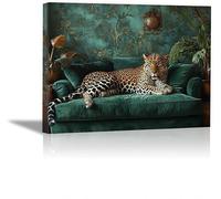 lianyibo Vintage Leopard Canvas Wall Art, Cool Posters Prints Emerald Green Sofa Cheetah Pictures for Living Room Office Decor(80x120 /Frameless)