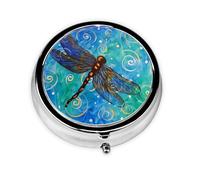 Libélula azul. Este pequeño pastillero redondo es un organizador portátil de medicamentos de viaje con tres compartimentos para almacenar medicamentos diarios.