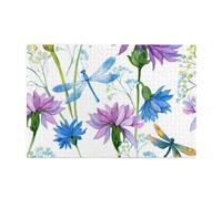 Libélula de Flor Azul de Acuarela,Rompecabezas de Madera de 1000 Piezas para Adultos y Adolescentes.
