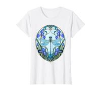 Libélula Iris Flor Art Nouveau Elegante Azul y Púrpura Camiseta gráfica económica, Mujer, Blanco, XL