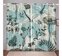 Libélula Mariposa Ventana Cortinas Azules,Azul Acuarela Flor Ventana para Dormitorio y Salón, Planta Natural, Poliéster Ligero para Niñas y Adolescentes, 175 x 140 cm