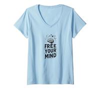 Libera tu Mente Brain Birds Inspirador Camiseta Cuello V, Mujer, Azul Bebé, L