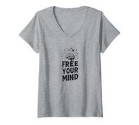 Libera tu Mente Brain Birds Inspirador Camiseta Cuello V, Mujer, Gris Jaspeado, S