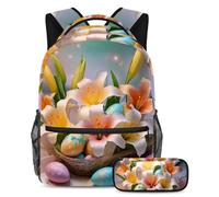 Libera tu potencial con el juego de 2 mochilas escolares, mochila de gran capacidad y estuche para lápices, hermosos huevos de lirios de Pascua, multicolor, B：29.4x20x40cm P：19x7.5x3.8cm, Mochilas de