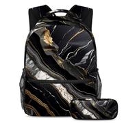 Libera tu potencial con el juego de 2 mochilas escolares, mochila de gran capacidad y estuche para lápices, textura de mármol negro, multicolor, B：29.4x20x40cm P：19x7.5x3.8cm, Mochilas de día