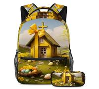Libera tu potencial con el juego de 2 mochilas escolares, mochila de gran capacidad y estuche para lápices, color amarillo con cruz de Pascua, multicolor, B：29.4x20x40cm P：19x7.5x3.8cm, Mochilas de