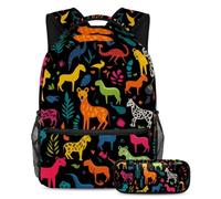 Libera tu potencial con el juego de 2 mochilas escolares, mochila de gran capacidad y estuche para lápices, silueta de animal negro, multicolor, B：29.4x20x40cm P：19x7.5x3.8cm, Mochilas de día