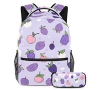 Libera tu potencial con el juego de 2 mochilas escolares, mochila de gran capacidad y estuche para lápices, patrón de frutas moradas, multicolor, B：29.4x20x40cm P：19x7.5x3.8cm, Mochilas de día