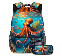 Libera tu potencial con el juego de 2 mochilas escolares, mochila de gran capacidad y estuche para lápices, bonito pulpo, multicolor, B：29.4x20x40cm P：19x7.5x3.8cm, Mochilas de día