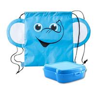 LIBERGRAFIC Bolsa Merienda Infantil | Mochila Pequeña Tela Cuerdas tipo Saco niños | Portameriendas para Colegio | Pack Bolsa + Sandwichera | Talega para niño niña con fiambrera (Azul elefante)