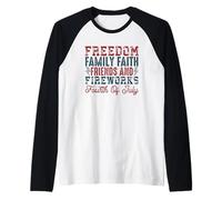Libertad Familia Fe Amigos Fuegos Artificiales Cuatro de Julio Camiseta Manga Raglan