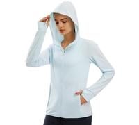 Libin Mujer Chaqueta de Capucha UPF 50 Protección Solar con Cremallera Completa Manga Larga Sudadera de Sol Carrera Surf Al Aire Libre con Bolsillo Azul Hielo L