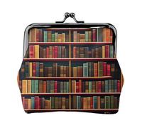 Library Bookshelf Book - Cartera pequeña para mujer, carteras para mujer, monedero para mujer, cartera pequeña para mujer, con cremallera y cierre de beso, Negro -, Talla única, Art Deco