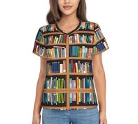 Library Bookshelf. Camiseta de manga corta estampada para mujer, cuello en V, casual, holgada, clásica, a la moda, Negro, XXL
